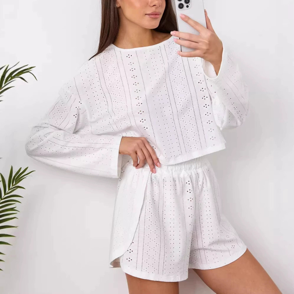 ZARA Summer Cozy Loose White Cutout Short Sleeve Shorts Pajama Set